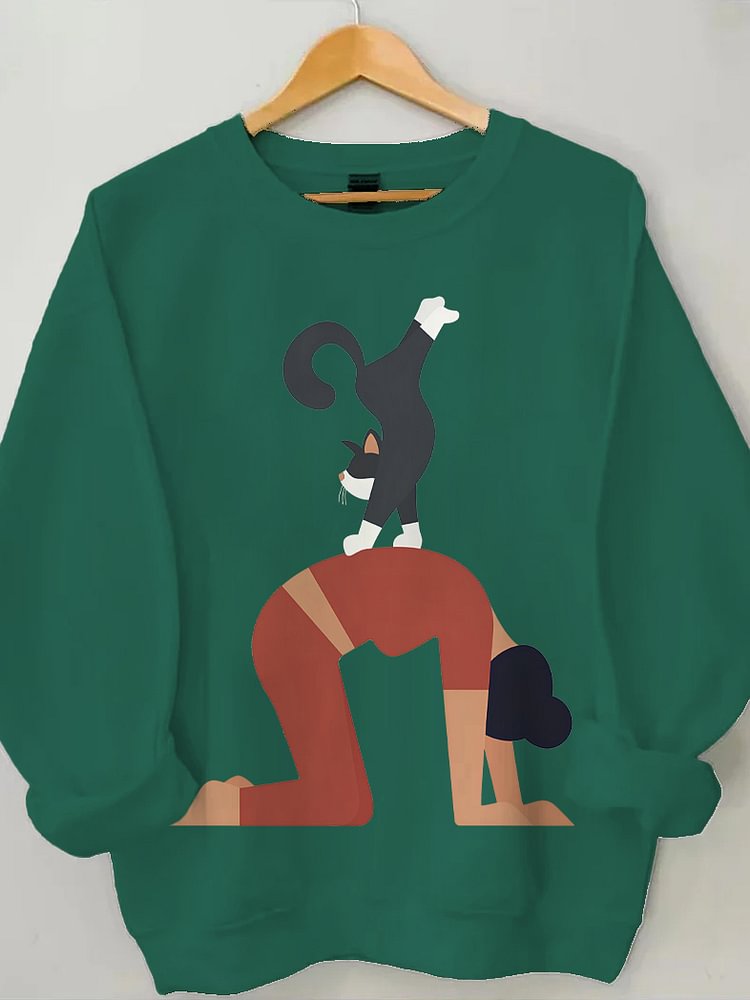 Women's Yoga Lover Cat Print Cotton Long Sleeve T-Shirt Thin Sweatshirt