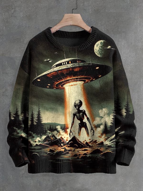 Men's UFO Alien Coming Surreal Mystery Art Print Knit Sweatshirt