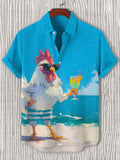 Men's Rooster Holiday Beach Cocktail Art Print Casual Shirt