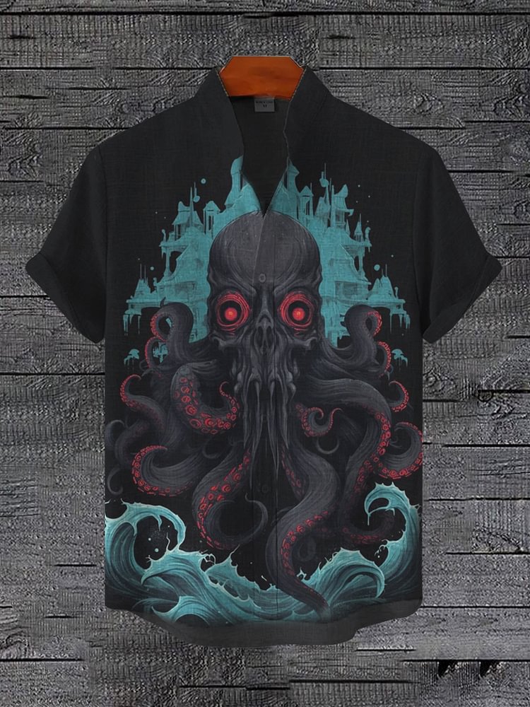 Men's Sea Wave Cthulhu Octopus Graphic Print Shirt