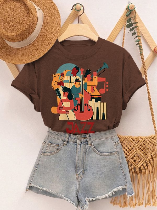 Women's Retro Instrumental Music Playing Jazz Print Cotton Casual T-Shirt