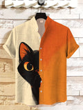 Men's Black Cat Peeping Color Block Art Print Casual Shirt
