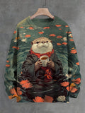 Men's Otter Drinking Tea Japanese Art Print Knit Sweatshirt