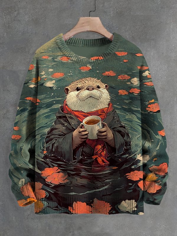 Men's Otter Drinking Tea Japanese Art Print Knit Sweatshirt