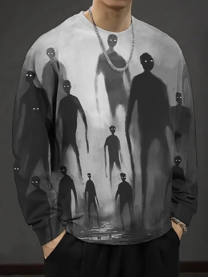 Men's Spooky Crowd Halloween Print Long Sleeve T-Shirt