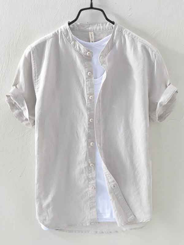 Men's Plain Short Sleeve Retro Cotton And Linen Shirt