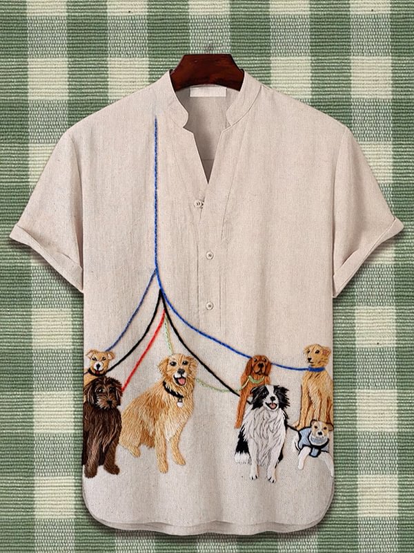 Men's Leash Pet Dogs Felt Embroidery Half Button Shirt