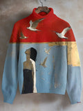 Women's Woman and Seagulls Art Print High Neck Knit Sweatshirt