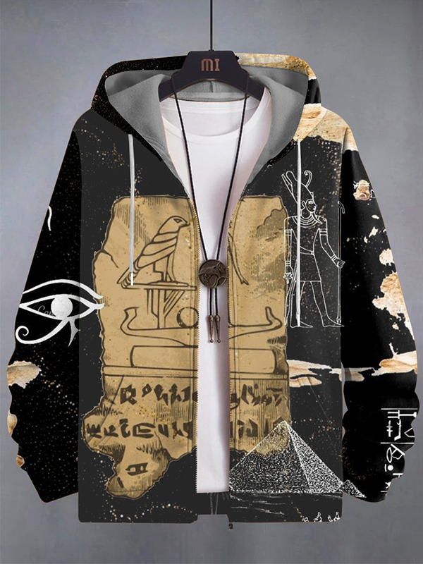 Men's Middle East Black Man Pyramid Print Hooded Zip Up Jacket