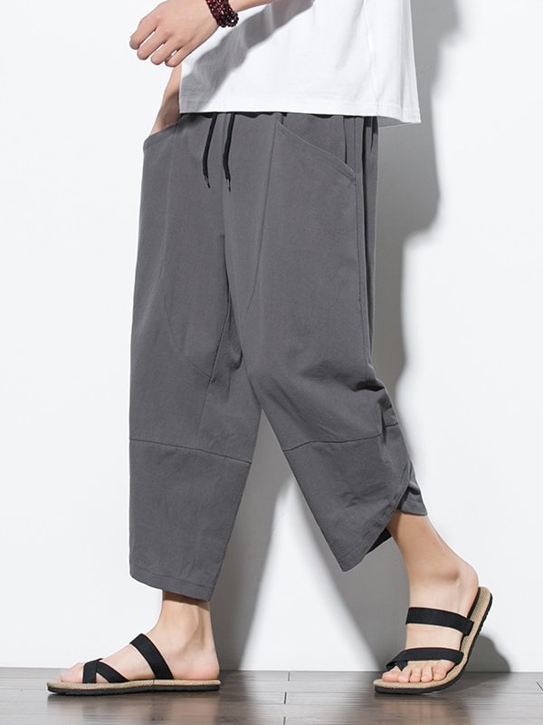Men's Casual Pocket Drawstring Waist Wrapped Cuff Cotton Linen Crop Harem Pants