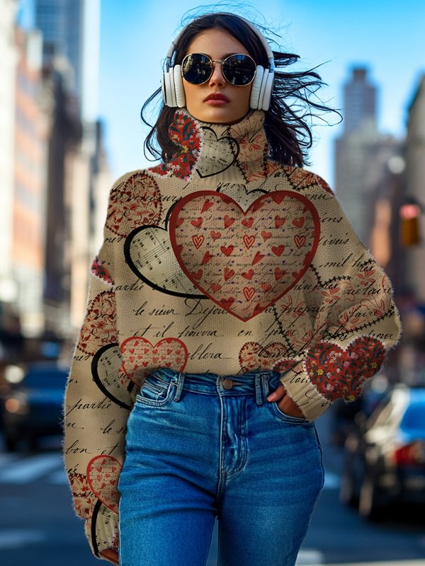 Women's Love Sheet Music Print High Neck Knit Sweatshirt