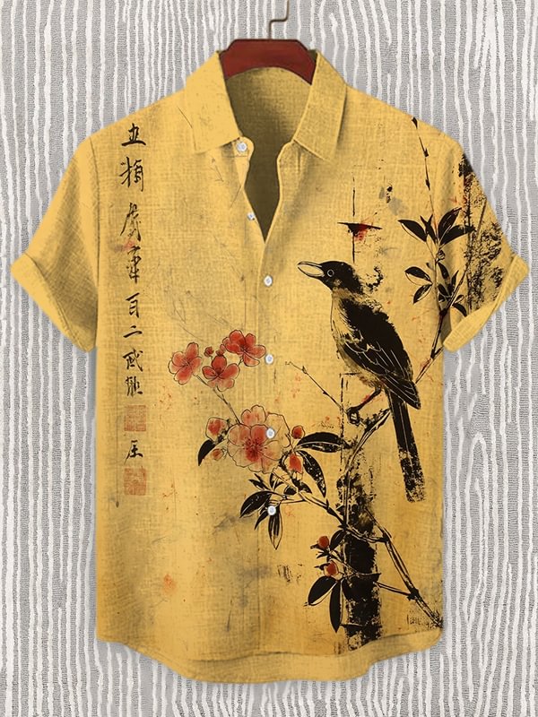 Men's Vintage Elegant Flower And Bird Ink Art Print Linen Blend Shirt