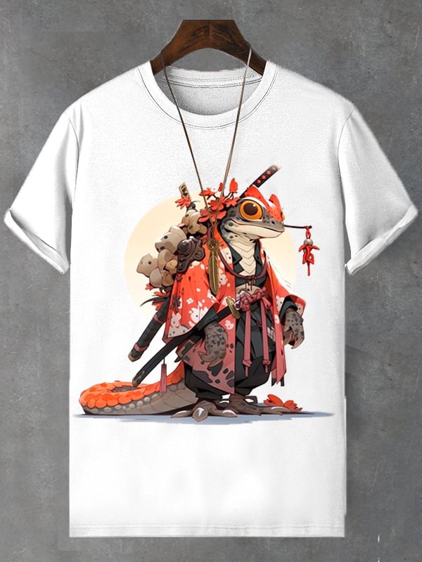 Men's Japanese Frog Warrior Art Print Cotton Casual T-Shirt