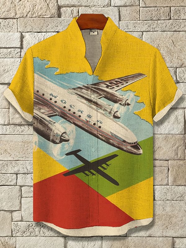 Men's Airplane Color Block Art Print Casual Shirt
