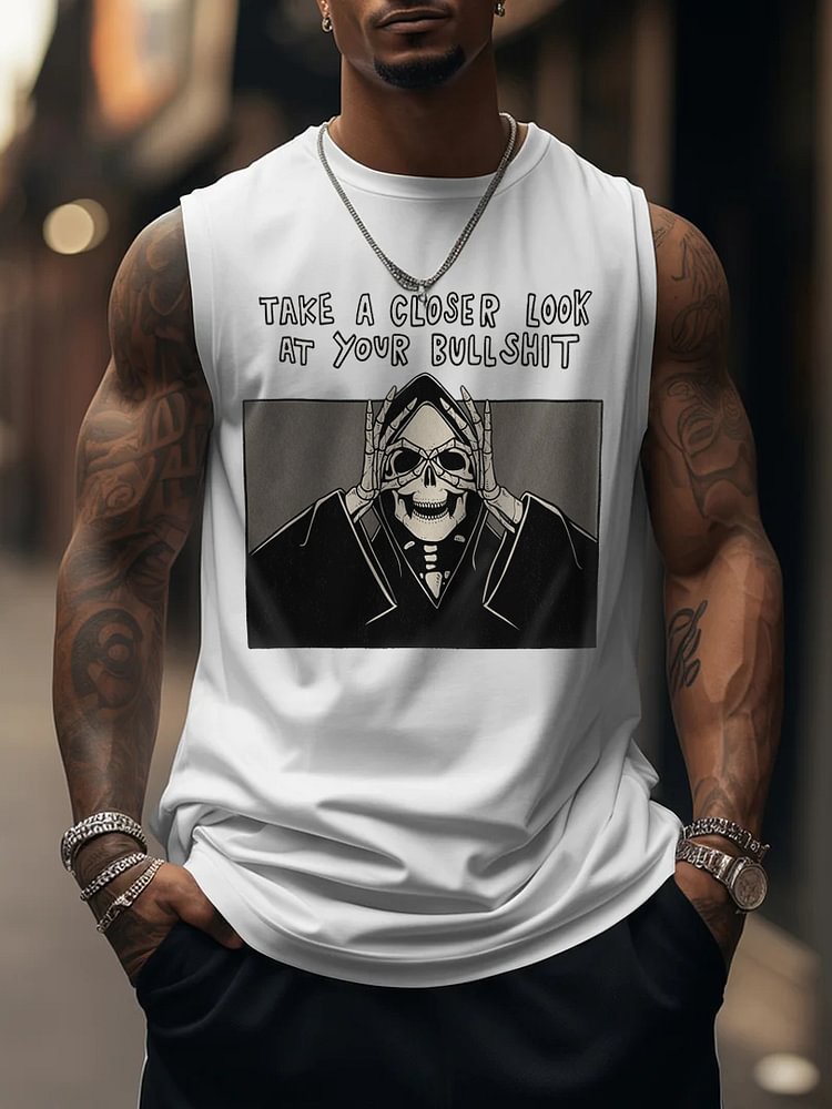Men's Take A Closer Look At Your Bull Shit Cartoon Skull Print Tank Top