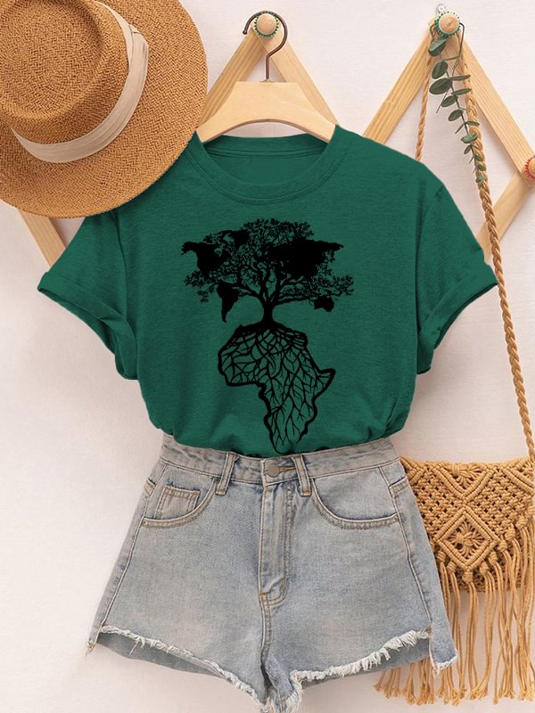 Women's Africa Is The Root Of The World Art Print Cotton Casual T-Shirt