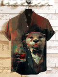 Men's Retro Gentleman Otter Drinking Art Print Casual Shirt