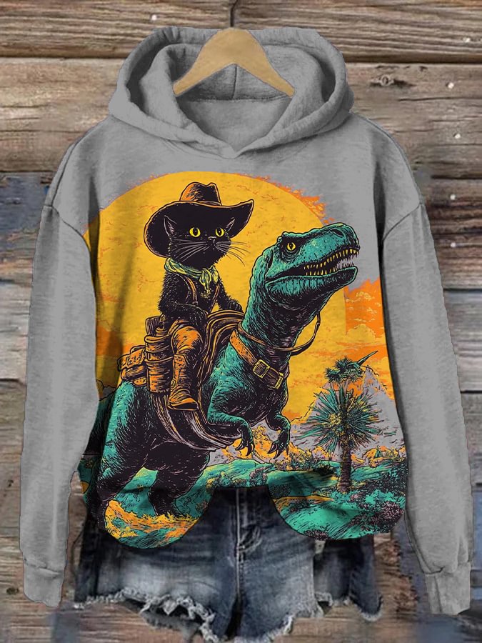 Women's The Fantasy Journey Of Cowboy Black Cat And Dinosaur Print Hooded Sweatshirt