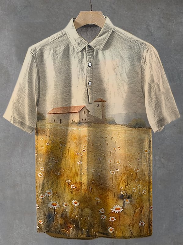 Men's Autumn Field Scenery Watercolor Art Print Casual Shirt