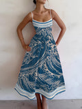 Women's Japanese Sea Wave All Over Print Cami Midi Dress