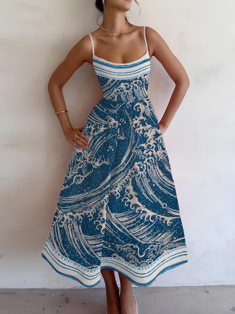 Women's Japanese Sea Wave All Over Print Cami Midi Dress