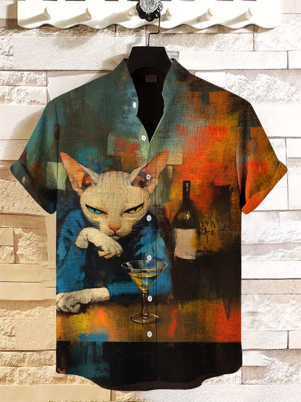 Men's Melancholic Cat In The Bar Art Print Casual Shirt