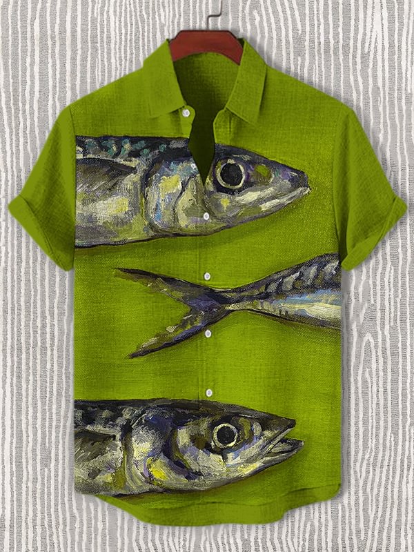 Men's Sardine Oil Painting Print Short Sleeve Shirt