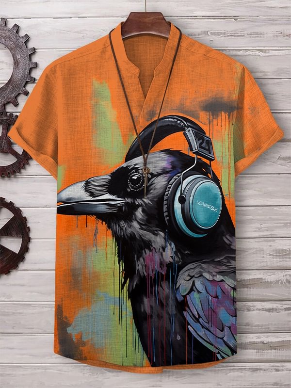 Men's Music Raven With Headphones Print V Neck T-Shirt
