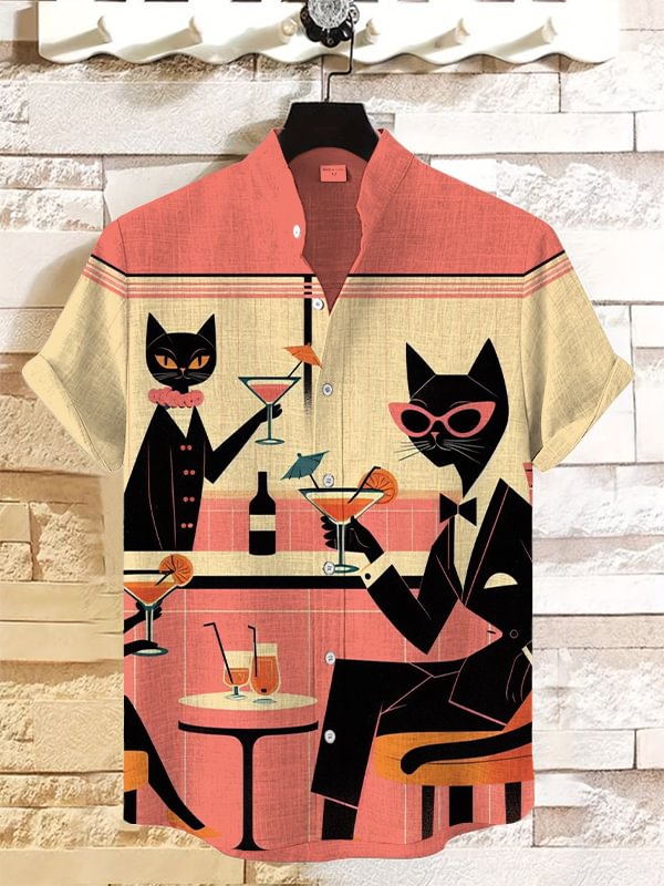 Men's Cats Cocktail Art Print Linen Blend Shirt