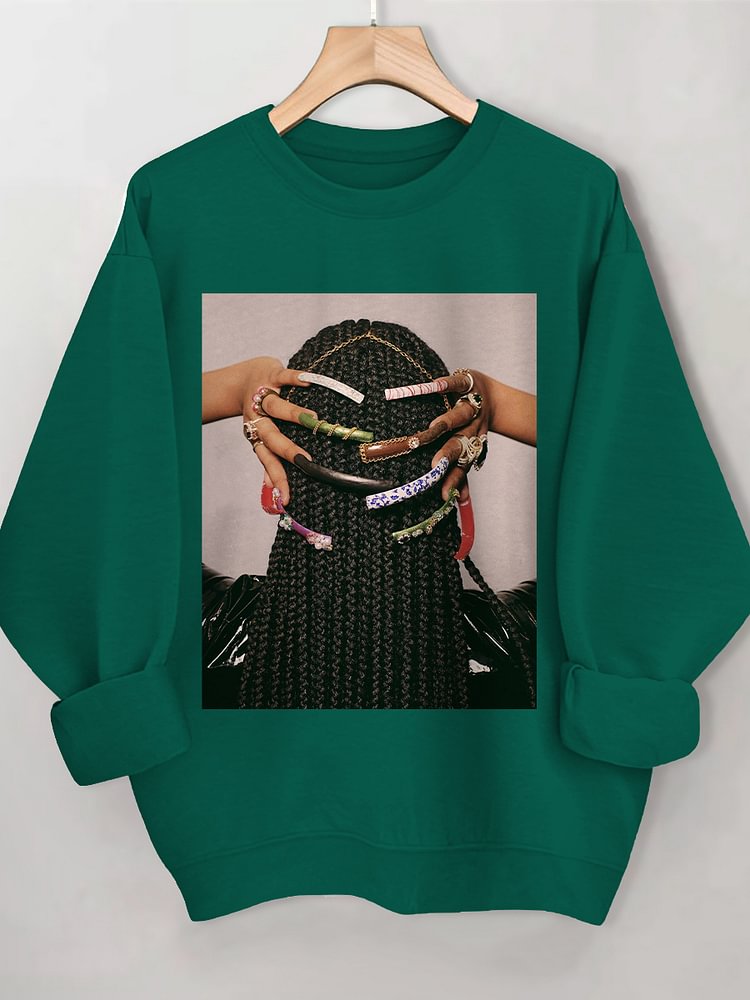 Women's Beautiful Braids And Nails Print Cotton Long Sleeve T-Shirt Thin Sweatshirt