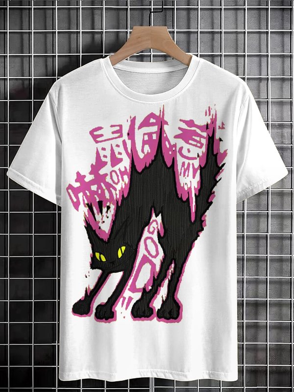 Men's Scared Black Cat Graphic Print Cotton Casual T-Shirt