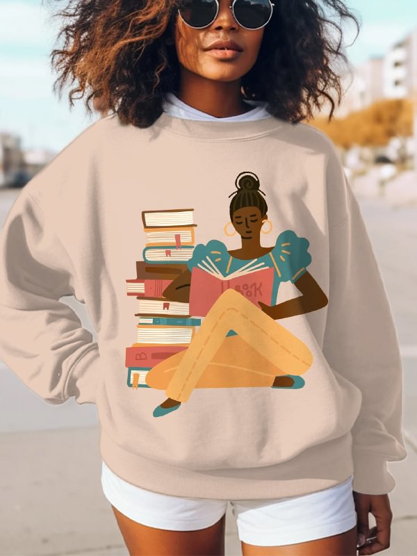 Women's Girl Reading Print Cotton Long Sleeve T-Shirt Thin Sweatshirt