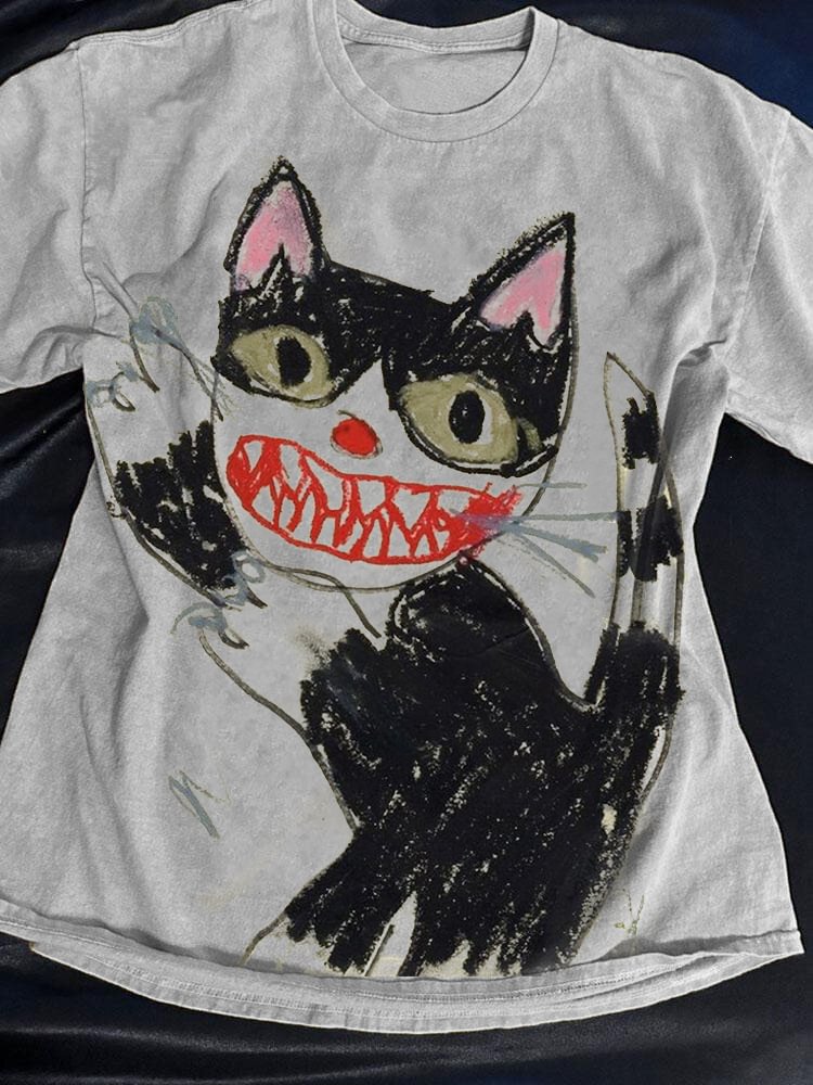 Men's Horror Cat Crayon Art Print Casual T-Shirt