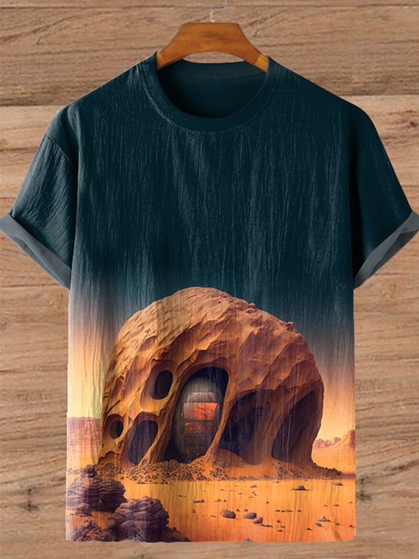Men's Future Science Fiction Desert Night Sky Art Print Cotton And Linen T-Shirt