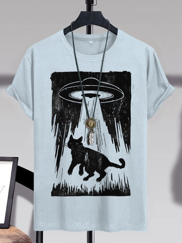 Men's Retro Cat Taken Away By UFO Art Print Cotton Casual T-Shirt