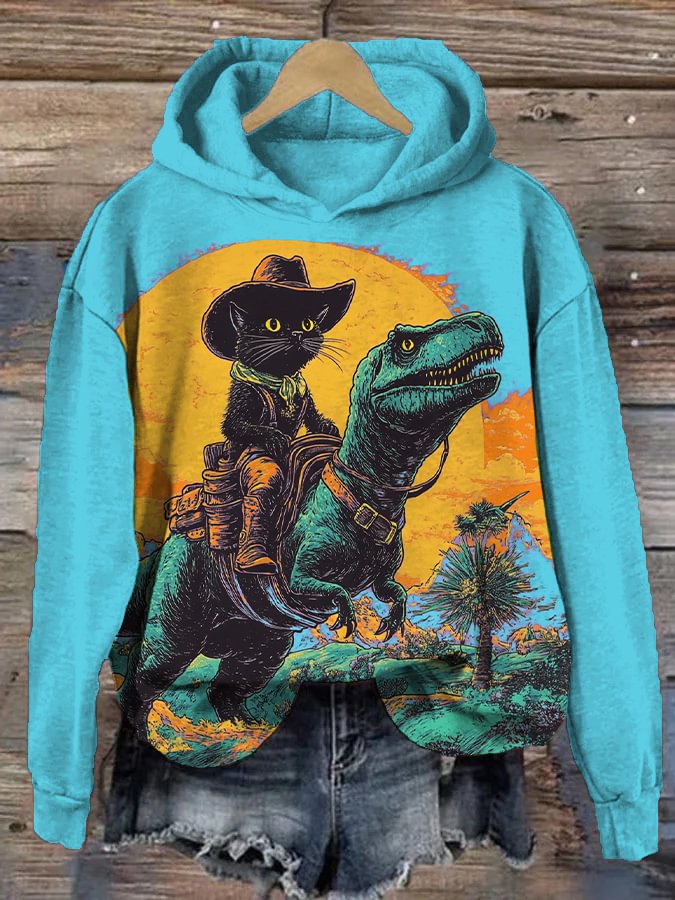Women's The Fantasy Journey Of Cowboy Black Cat And Dinosaur Print Hooded Sweatshirt