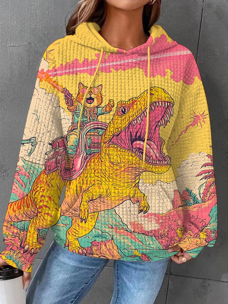 Women's Cat And Dinosaur Fantasy Art Print Waffle Hoodie
