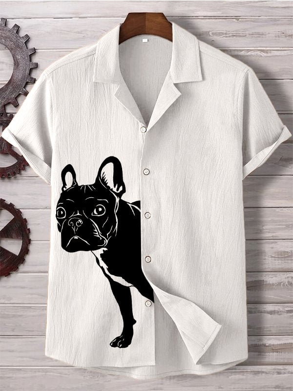 Men's Peekaboo French Bulldog Print Casual Linen Blend Shirt