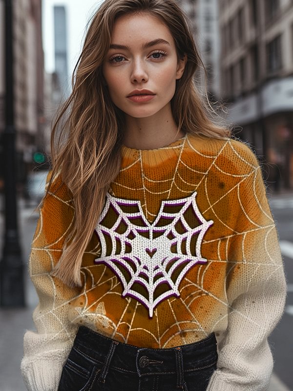 Women's Heart-Shaped Spider Web Art Print Knit Sweatshirt