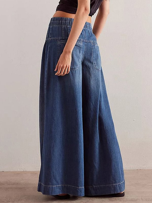 Women's Casual Elastic Drawstring Waist Buttons Loose Fit Wide-Leg Jeans