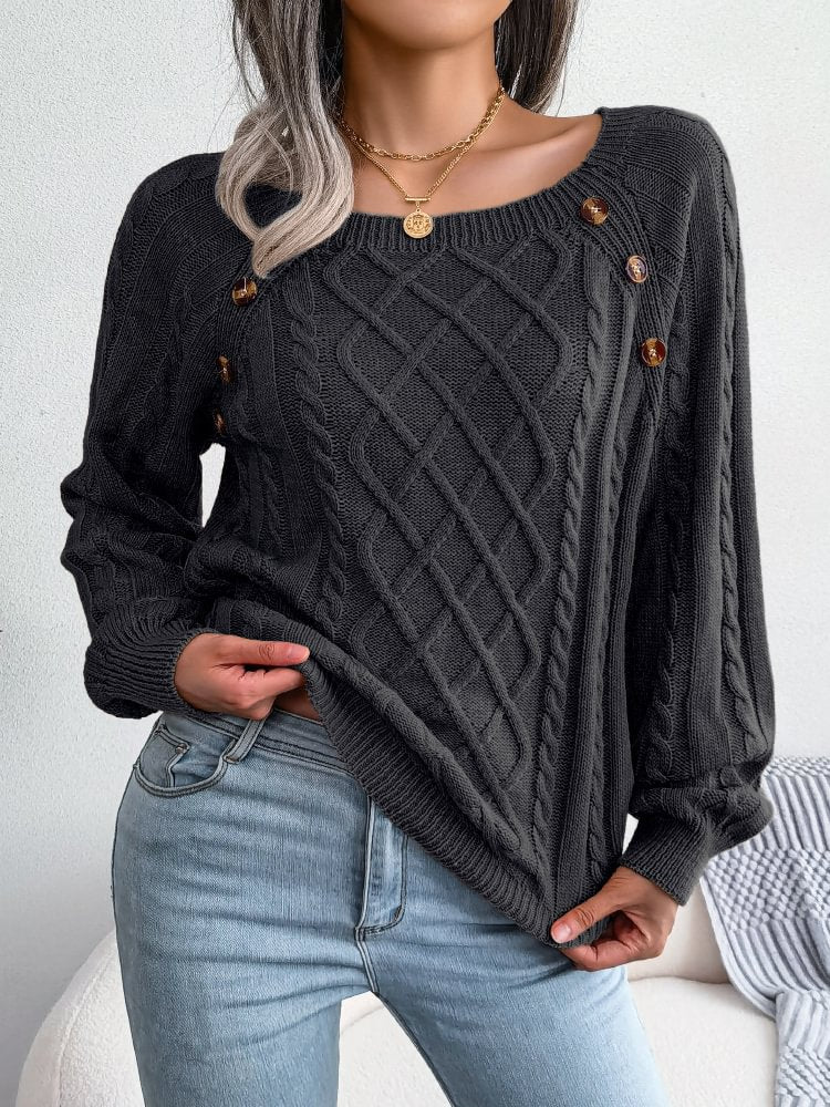 Women's Casual Button Decor Loose Cable Knit Sweater