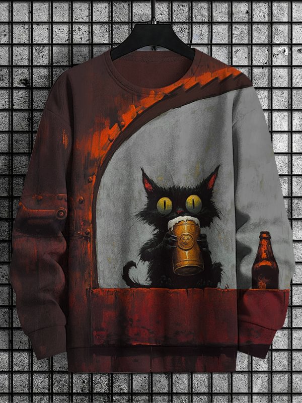 Men's Creepy Cat Drinking Beer Oil Painting Print Casual Sweatshirt