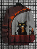Men's Creepy Cat Drinking Beer Oil Painting Print Casual Sweatshirt