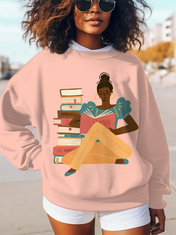 Women's Girl Reading Print Cotton Long Sleeve T-Shirt Thin Sweatshirt