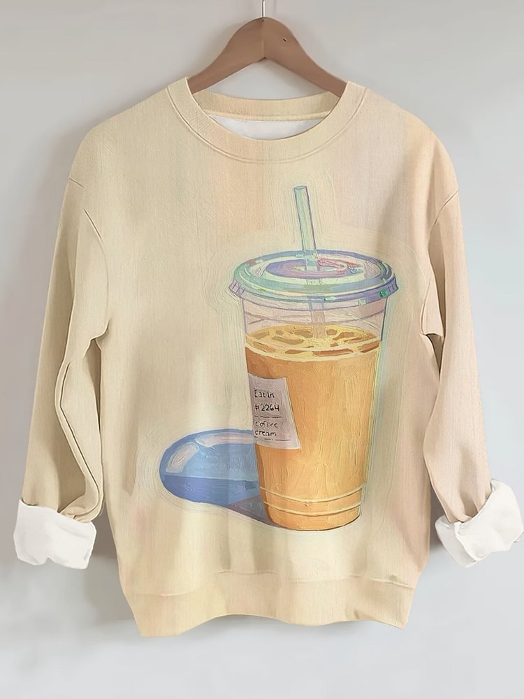 Women's Coffee Oil Painting Print Casual Sweatshirt