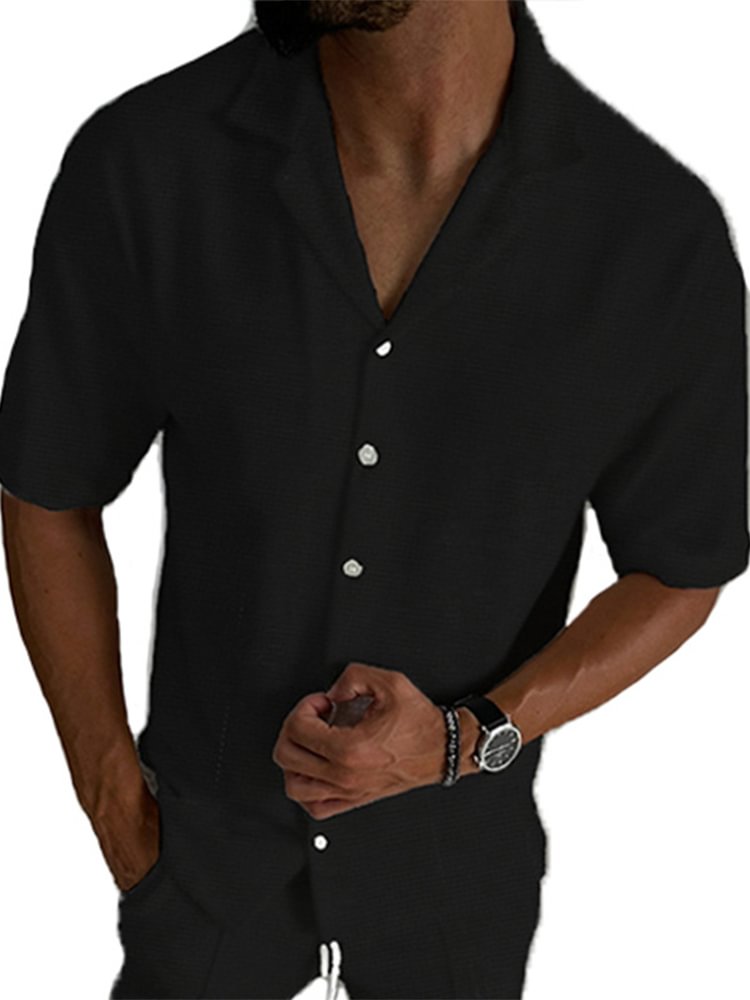 Men's Solid Color Lapel Collar Casual Short Sleeve Shirt