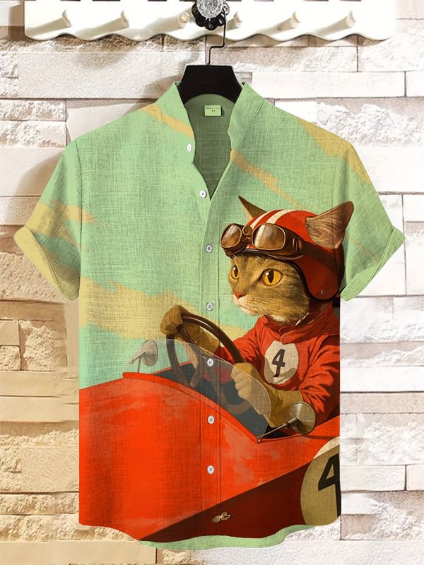 Men's Cat Driving A Racing Car Art Print Casual Shirt
