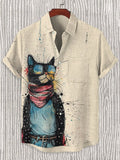 Men's Black Cat Patriot Watercolor Art Print Linen Blend Short Sleeve Shirt