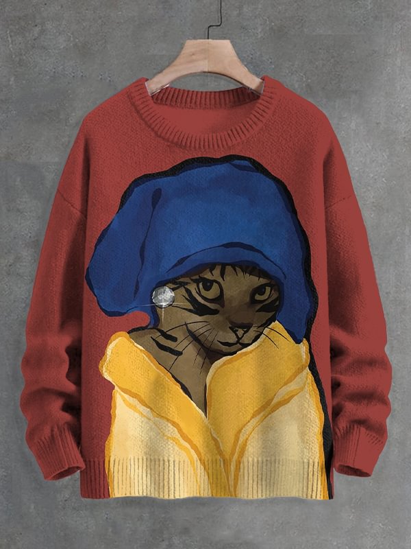 Men's Cat With A Pearl Earring Art Print Knit Sweatshirt