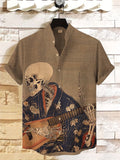 Men's Retro Japanese Art Painting Of Skull Playing Guitar Print Linen Blend Shirt
